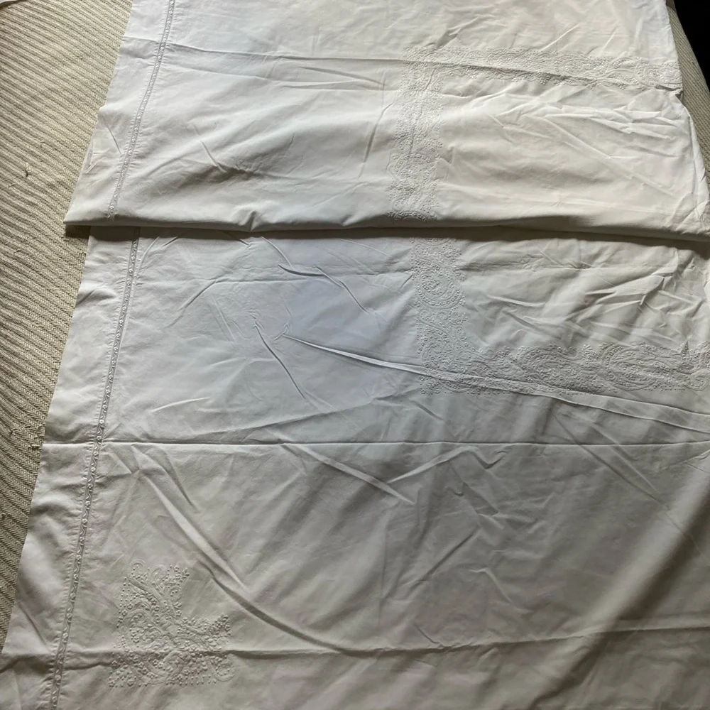 Sferra Bros Italian Egyptian cotton duvet cover hand embroidered floral lace.
